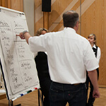 Coach an Whiteboard mit Zuhörerinnen